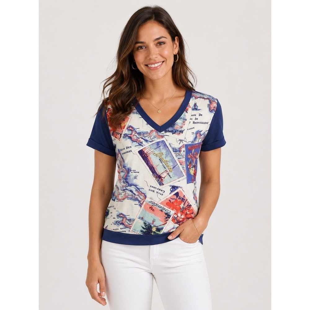 Peter Som Design Nation Top XS Short Sleeve Blue Printed Artsy Modern